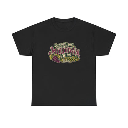 Moldova Moldovan Thing T-shirt in Black, flat front view with burgundy Moldovan lettering, cream script, grapes and vineyard rows. Roots & Roads.
