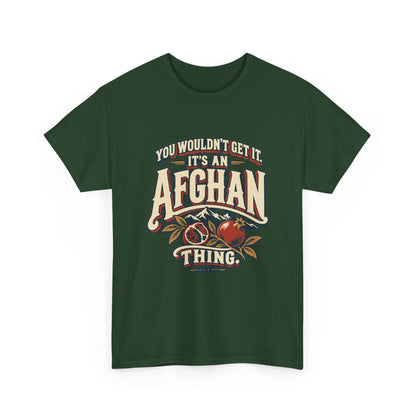 Alternate front view of the Forest Green Afghan Thing T-shirt with “You wouldn’t get it. It’s an Afghan thing.” cream vintage athletic lettering, brick-red shadows, mountain peaks and pomegranates.