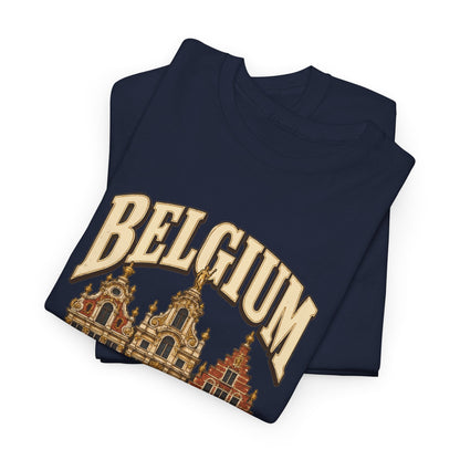 Folded Navy Belgium Fresh Prints T-shirt showing cream collegiate BELGIUM lettering and ornate guild-house rooflines.