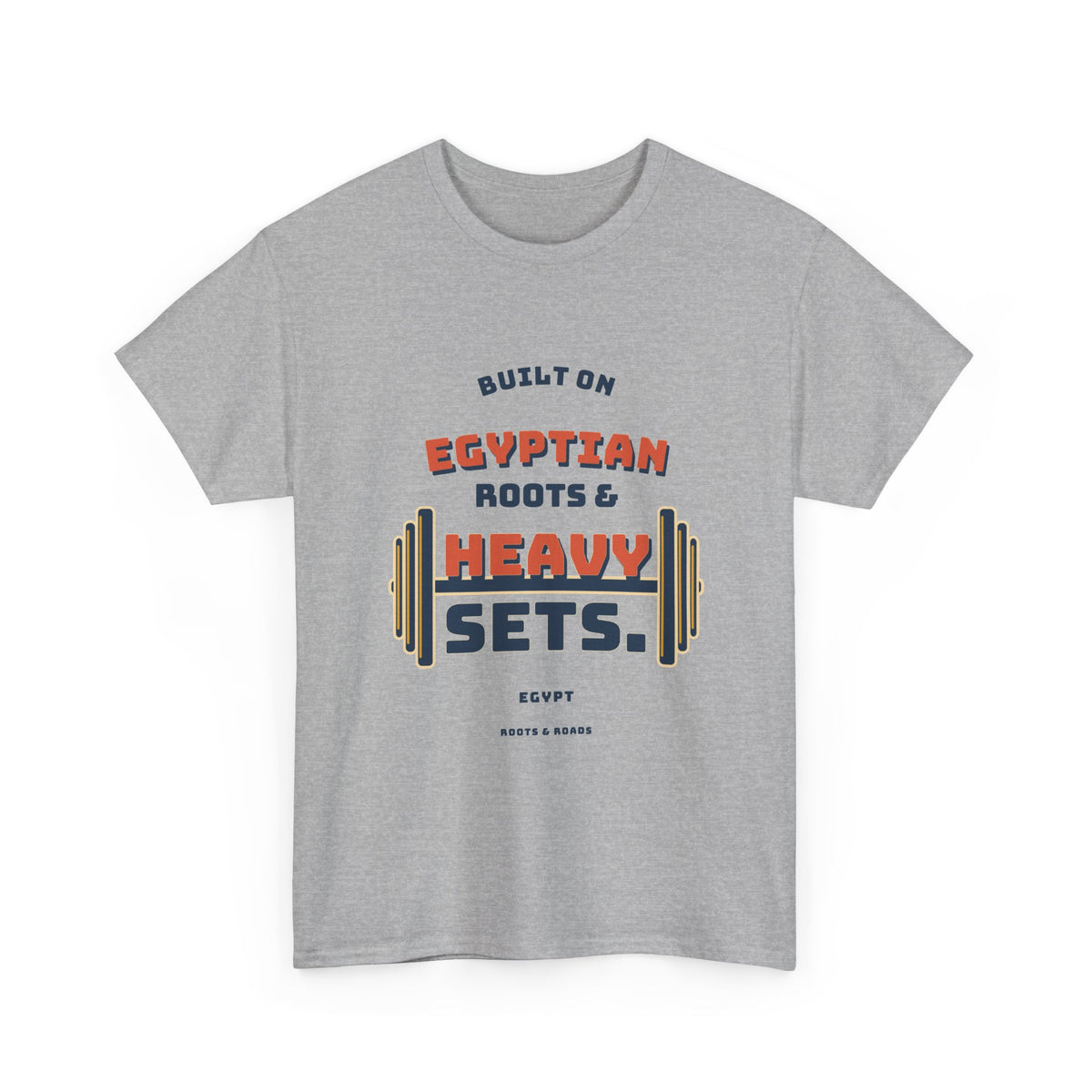 Egypt Heavy Sets Gym T-Shirt — Sport Grey front with vintage Egyptian roots and heavy sets artwork, Roots & Roads