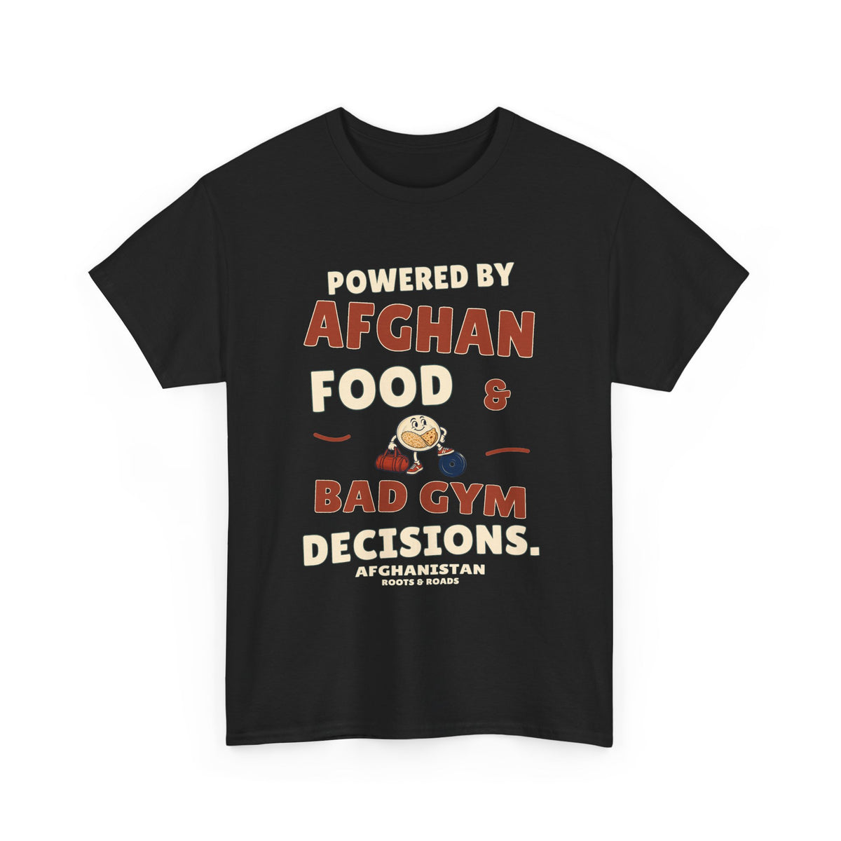 Black Afghanistan Bad Gym Decisions T-Shirt, front DTG artwork reading Powered by Afghan food & bad gym decisions, with plate mascot, gym bag and Afghanistan label.