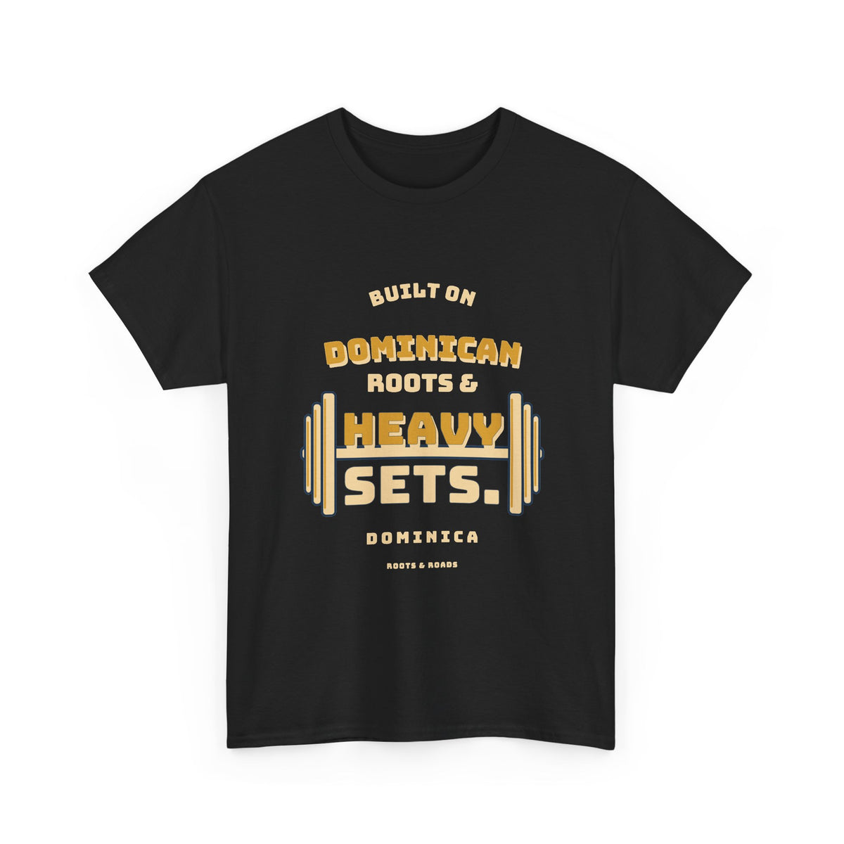Dominica Heavy Sets Gym T-Shirt in Black, front view with vintage lettering and integrated illustration.