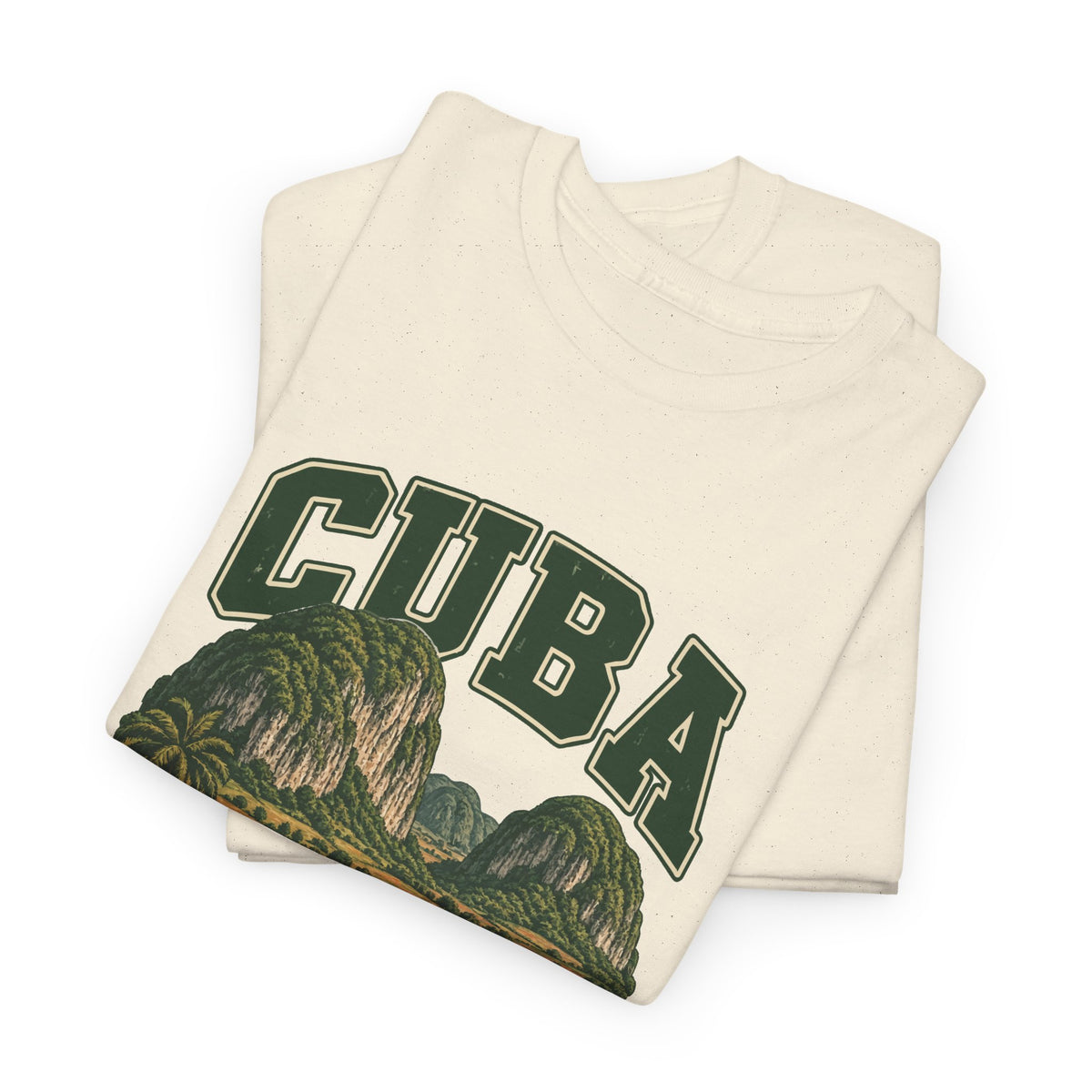 Folded Natural Cuba Fresh Prints Vintage T-Shirt showing the upper portion of its country lettering and illustrated front print.