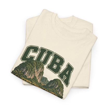 Folded Natural Cuba Fresh Prints Vintage T-Shirt showing the upper portion of its country lettering and illustrated front print.
