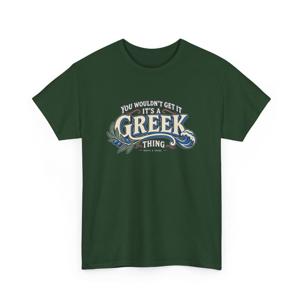 Forest Green Greece Greek Thing T-shirt, draped front view, with oversized vintage lettering, an olive branch and curling wave.