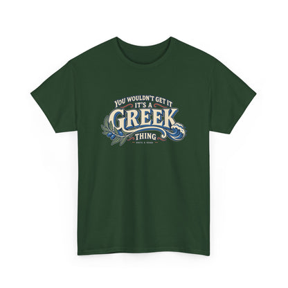 Forest Green Greece Greek Thing T-shirt, draped front view, with oversized vintage lettering, an olive branch and curling wave.