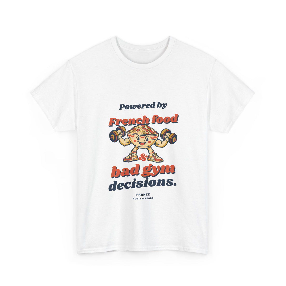 France Bad Gym Decisions T-Shirt in White — front retro French food lettering and a playful food character lifting weights.