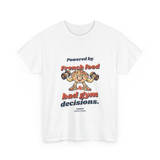 France Bad Gym Decisions T-Shirt in White — front retro French food lettering and a playful food character lifting weights.