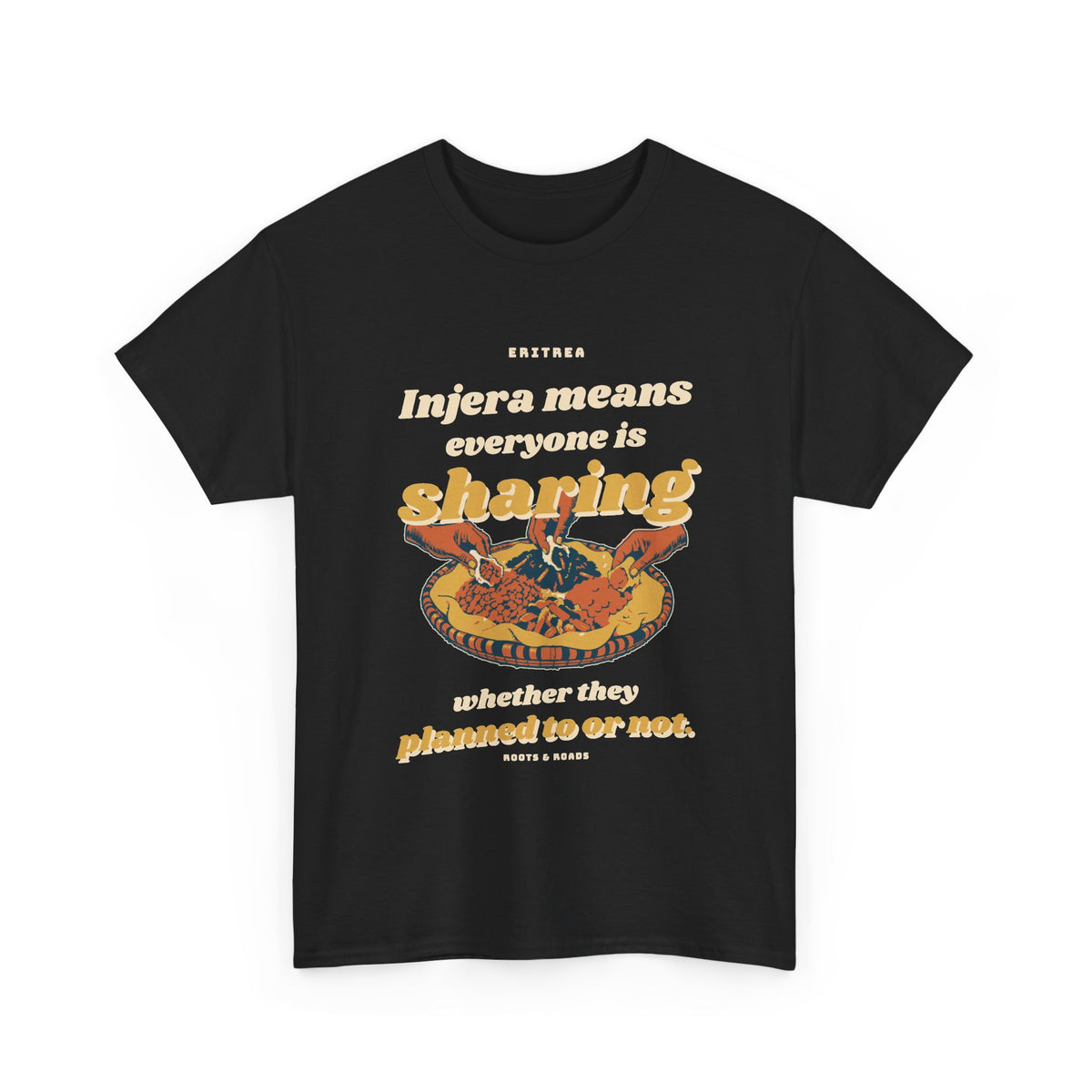Eritrea Injera Sharing T-Shirt in Black with bold retro lettering and hands sharing an injera platter, front view