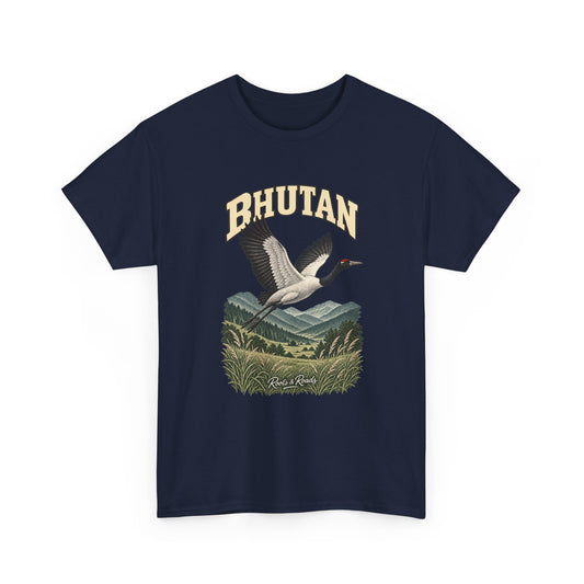 Front view of a Navy Gildan 5000 T-shirt with cream BHUTAN lettering, a flying black-necked crane above mountain hills and grasses, and Roots & Roads script.
