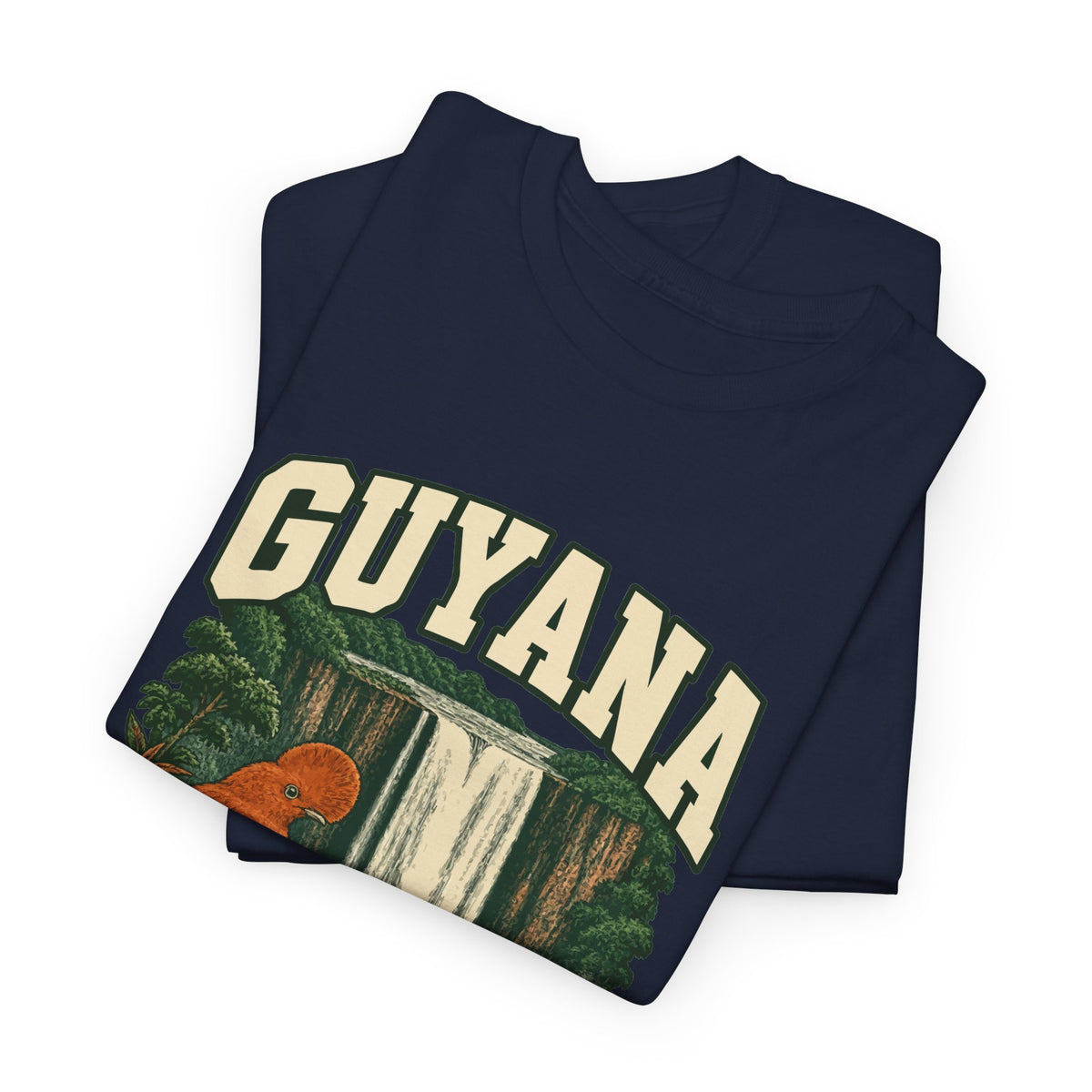 Folded Navy Guyana Fresh Prints T-shirt showing cream country lettering and part of the illustration.
