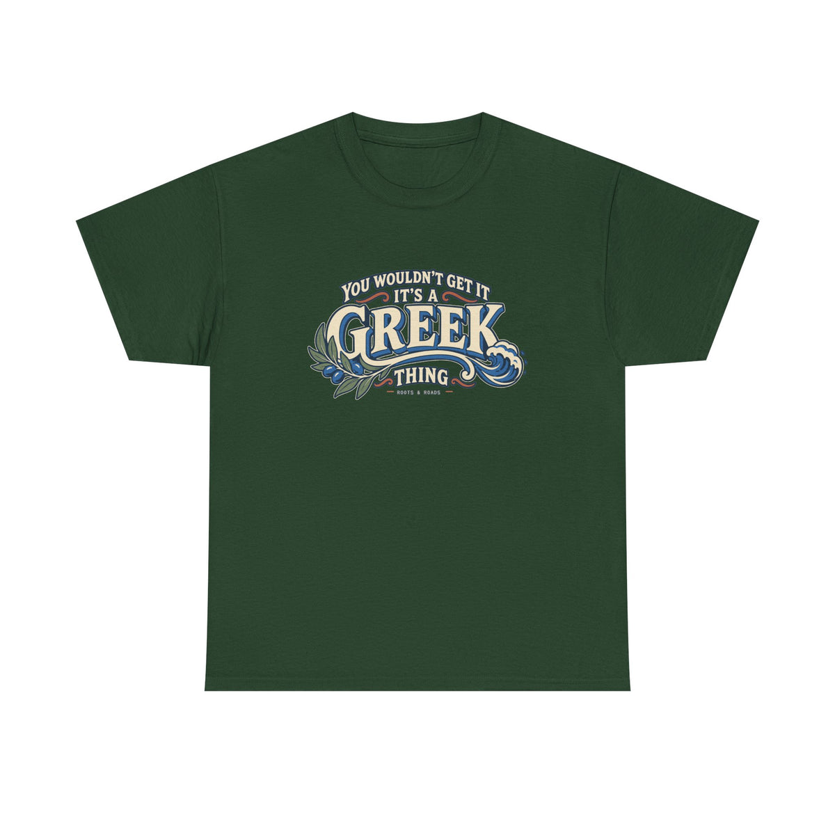 Forest Green Greece Greek Thing T-shirt, flat front view, with oversized vintage lettering, an olive branch and curling wave.