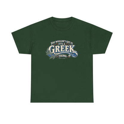 Forest Green Greece Greek Thing T-shirt, flat front view, with oversized vintage lettering, an olive branch and curling wave.