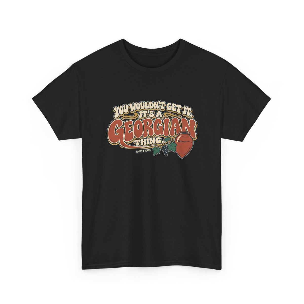 Black Georgia Georgian Thing T-shirt, draped front view, with oversized retro lettering, a qvevri vessel and grapevine.