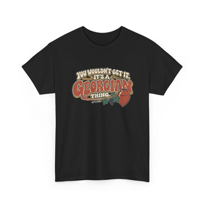 Black Georgia Georgian Thing T-shirt, draped front view, with oversized retro lettering, a qvevri vessel and grapevine.