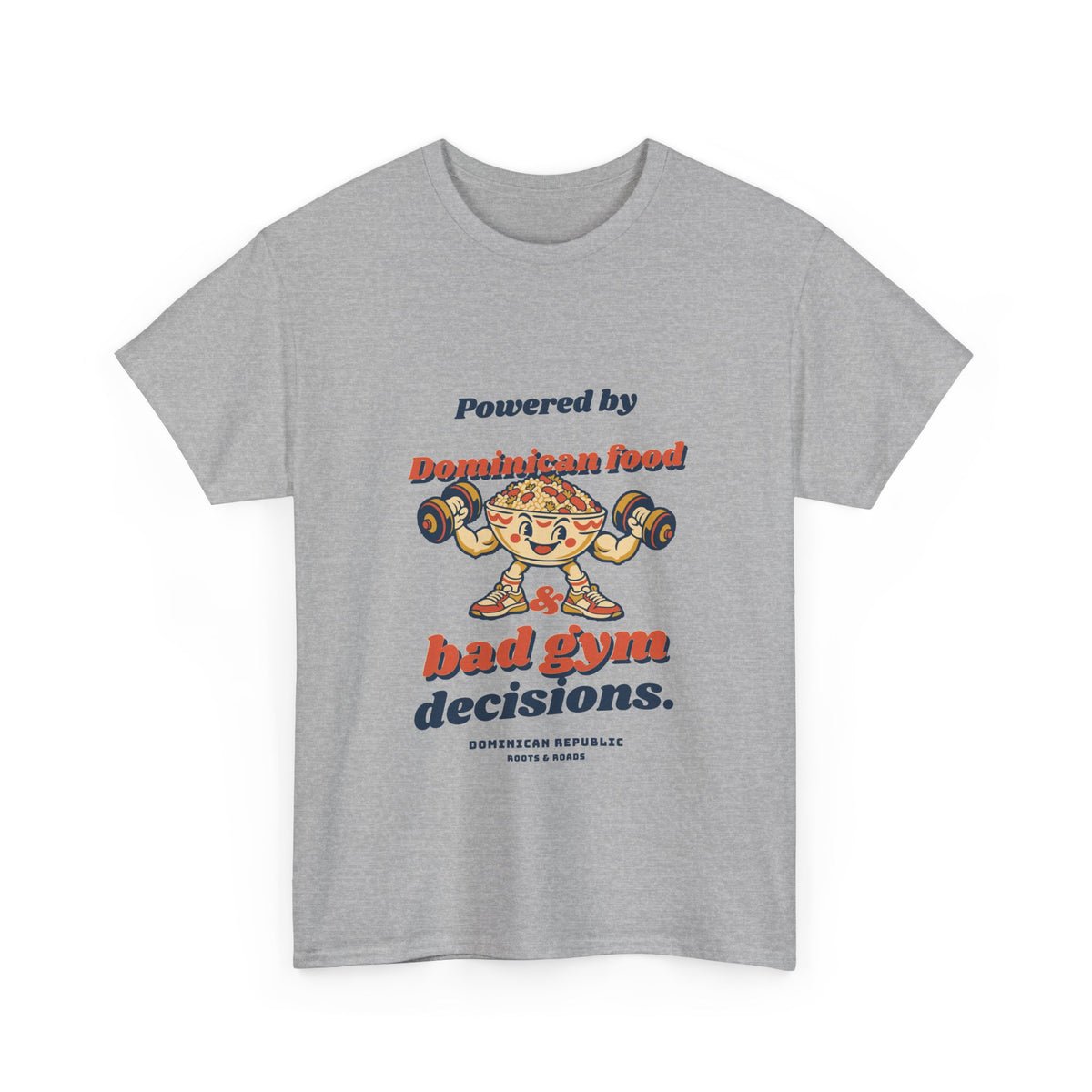 Dominican Republic Bad Gym Decisions T-Shirt in Sport Grey, front view with rounded vintage lettering and a playful food-bowl weightlifter.