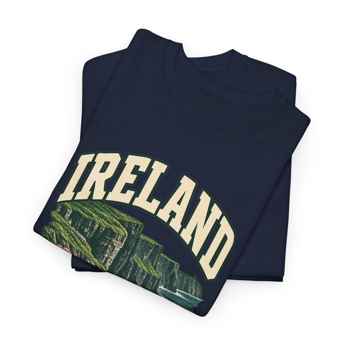 Folded Navy Ireland Fresh Prints T-shirt showing cream country lettering and part of the illustration.