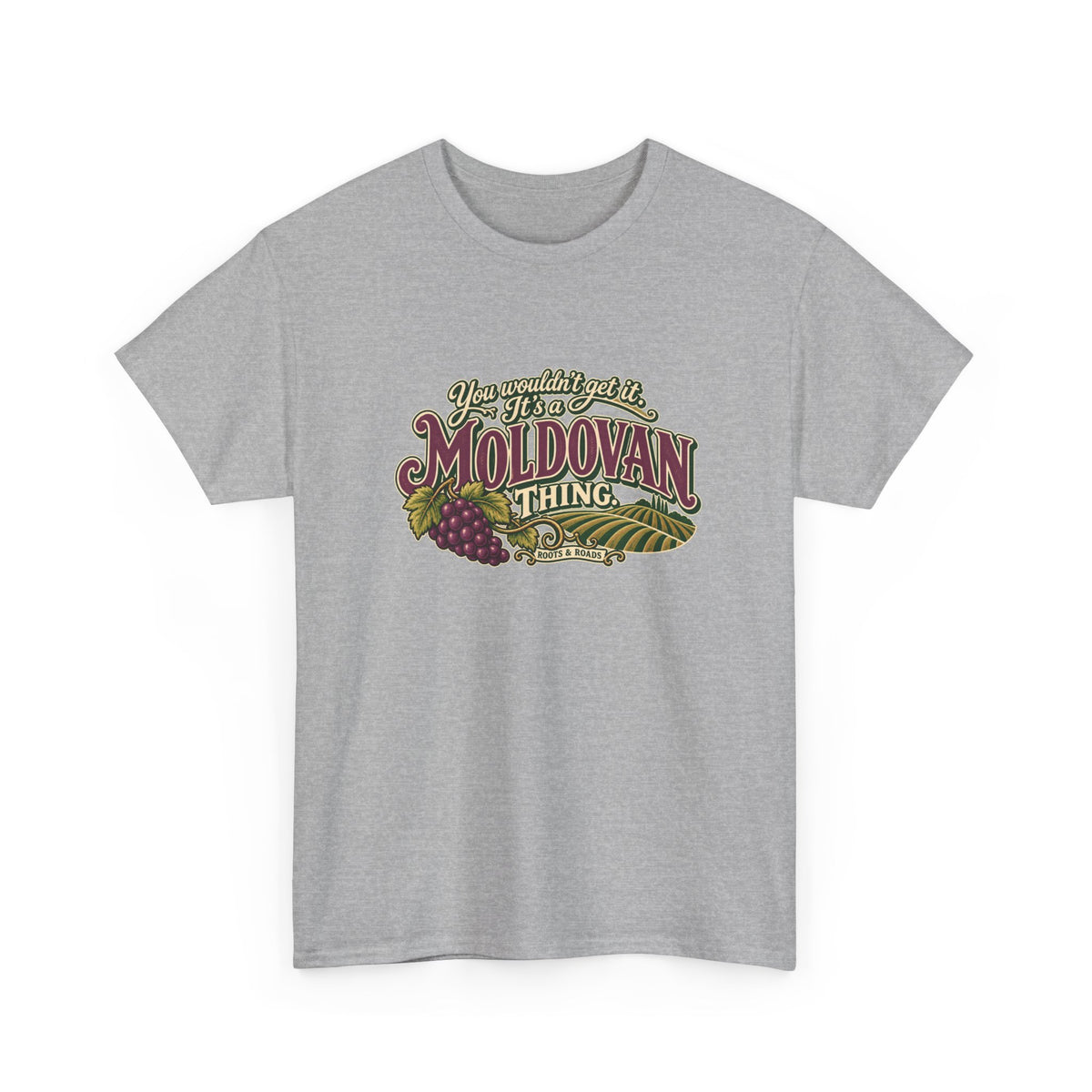 Moldova Moldovan Thing T-shirt in Sport Grey, shaped front view with burgundy Moldovan lettering, cream script, grapes and vineyard rows. Roots & Roads.