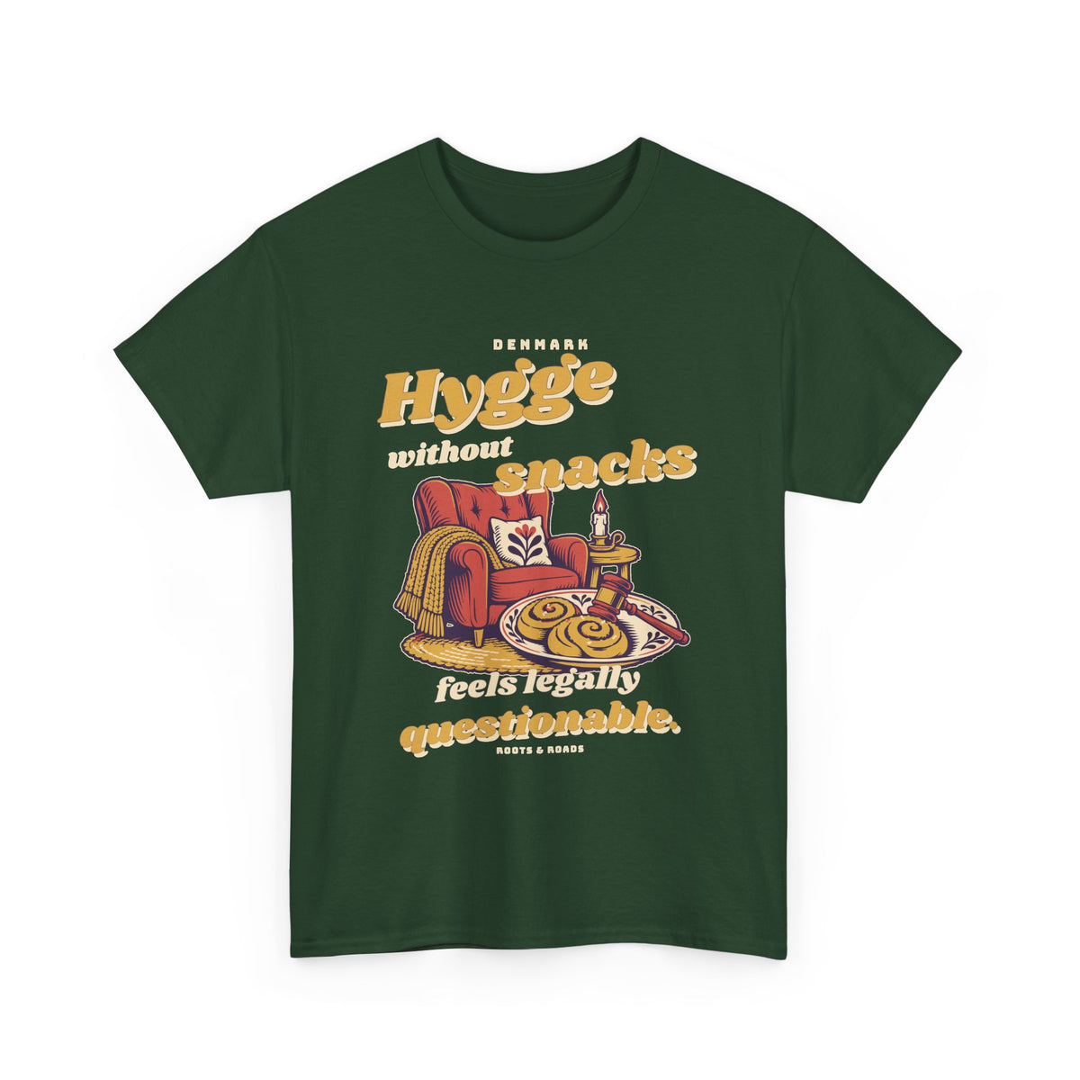 Denmark Hygge and Snacks T-Shirt in Forest Green, with expressive vintage lettering, a cosy armchair, pastries and a playful gavel by Roots & Roads.