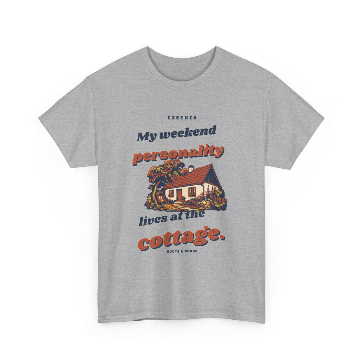 Czechia Weekend Cottage T-Shirt in Sport Grey, with expressive retro lettering and an illustrated red-roofed countryside cottage by Roots & Roads.