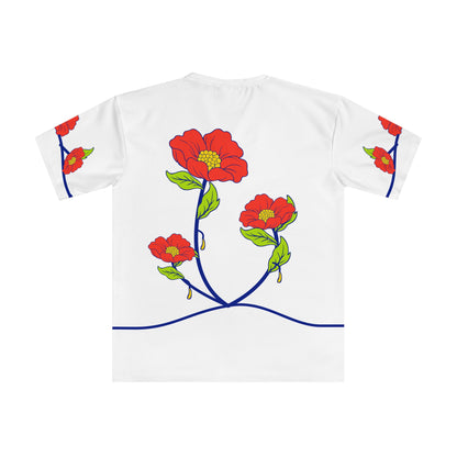 Back of the Roots & Roads Greek T-shirt with three coral blooms, lime leaves and golden tear accents on branching cobalt stems.