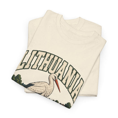 Folded Natural Lithuania Fresh Prints T-shirt showing the country lettering and part of the illustration.