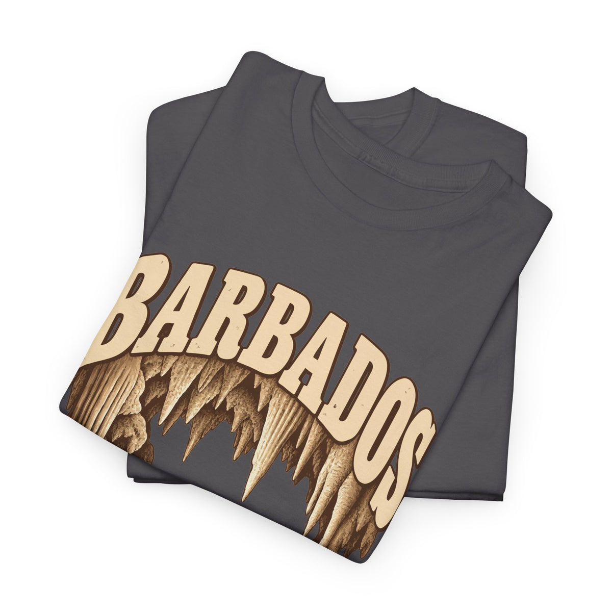 Folded Charcoal Barbados Fresh Prints T-shirt showing cream collegiate BARBADOS lettering above pale cave formations.