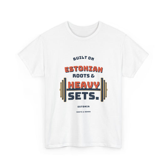 Estonia Heavy Sets Gym T-Shirt in White — front view with vintage Estonian roots and heavy sets barbell artwork.