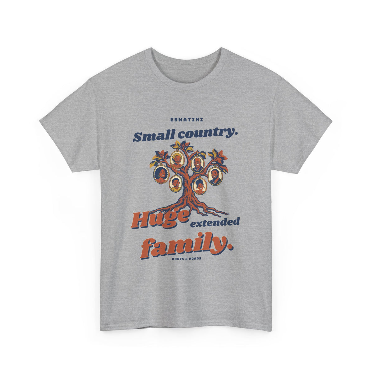 Sport Grey Eswatini Extended Family T-Shirt with a branching family tree, portraits and bold vintage lettering, front view.