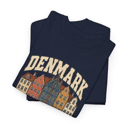 Folded Navy Denmark Fresh Prints Vintage T-Shirt showing the upper portion of its country lettering and illustrated front print.