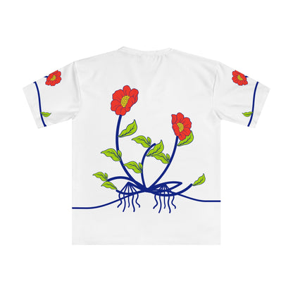 Back of the Roots & Roads “Building roots without cutting old ones” T-shirt with two coral flowers, lime leaves and two root groups connected by flowing cobalt stems.