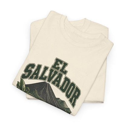 Folded Natural El Salvador Fresh Prints T-shirt showing green two-line EL SALVADOR lettering and the upper part of its country illustration.