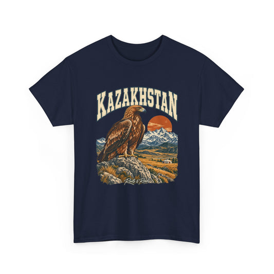 Front view of a Navy Gildan 5000 T-shirt with cream KAZAKHSTAN lettering, a golden-brown eagle, snowy mountains, ochre steppe and a small yurt, and Roots & Roads script.