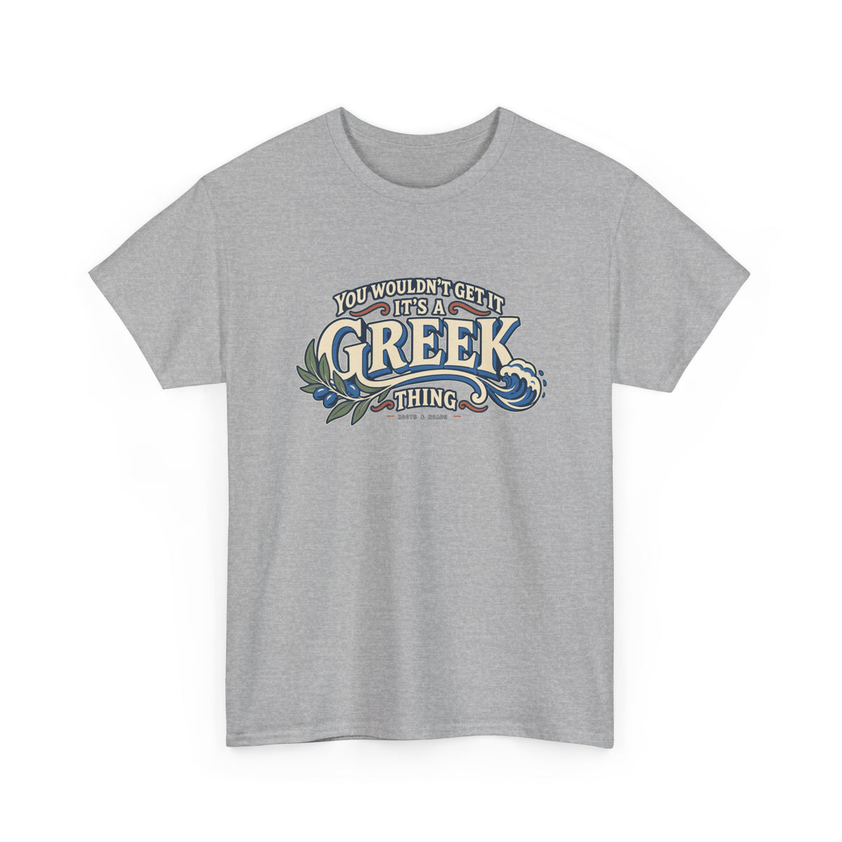 Sport Grey Greece Greek Thing T-shirt, draped front view, with oversized vintage lettering, an olive branch and curling wave.
