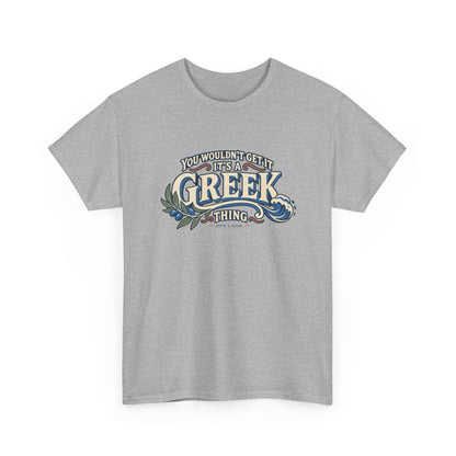 Sport Grey Greece Greek Thing T-shirt, draped front view, with oversized vintage lettering, an olive branch and curling wave.