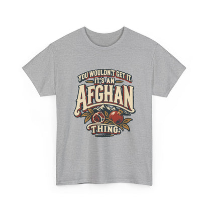 Alternate front view of the Sport Grey Afghan Thing T-shirt with “You wouldn’t get it. It’s an Afghan thing.” cream vintage athletic lettering, brick-red shadows, mountain peaks and pomegranates.