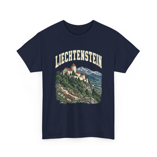 Front view of a Navy Gildan 5000 T-shirt with cream LIECHTENSTEIN lettering, a red-roofed castle, wooded slopes, an alpine valley, a winding river and small flowers, and Roots & Roads script.