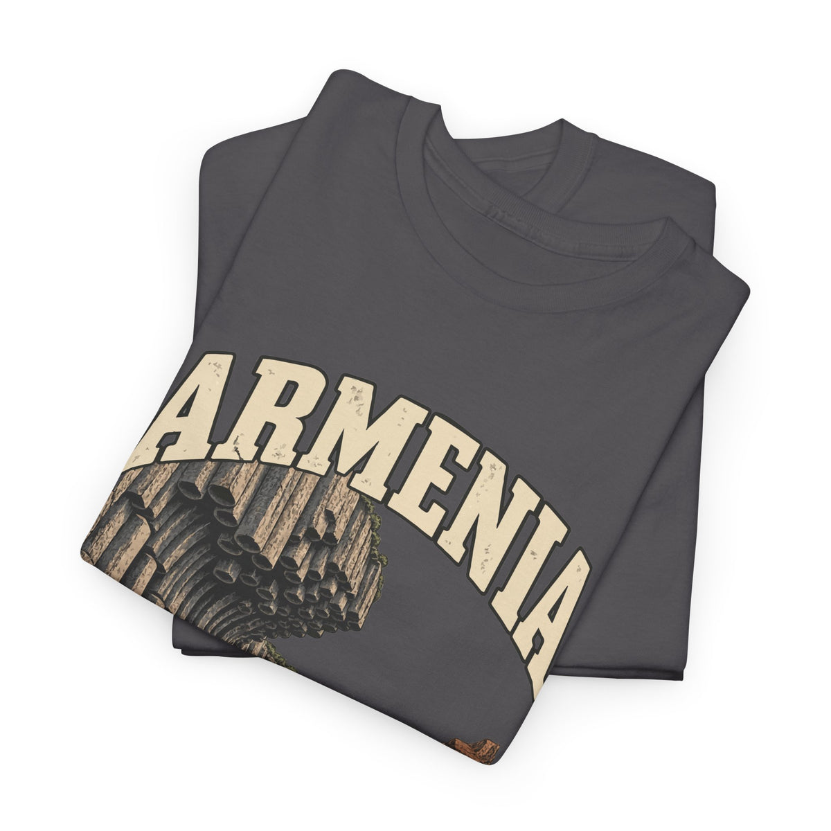 Folded Charcoal Armenia Fresh Prints T-shirt showing distressed cream lettering and part of the basalt-column print.