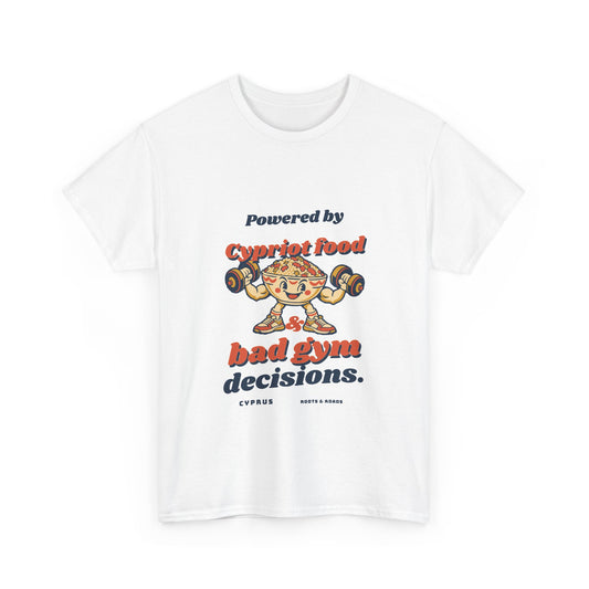 Cyprus Bad Gym Decisions T-Shirt in White, with rounded retro Cypriot food lettering and a food-bowl lifter illustration by Roots & Roads.