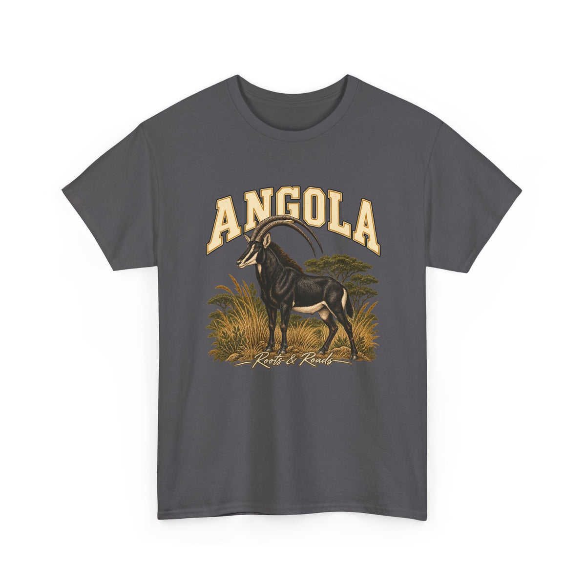 Front view of a Charcoal Gildan 5000 T-shirt with cream ANGOLA lettering, a giant sable antelope, golden grasses, green trees, and Roots & Roads script.