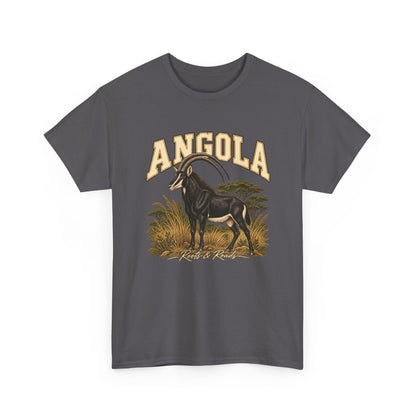 Front view of a Charcoal Gildan 5000 T-shirt with cream ANGOLA lettering, a giant sable antelope, golden grasses, green trees, and Roots & Roads script.