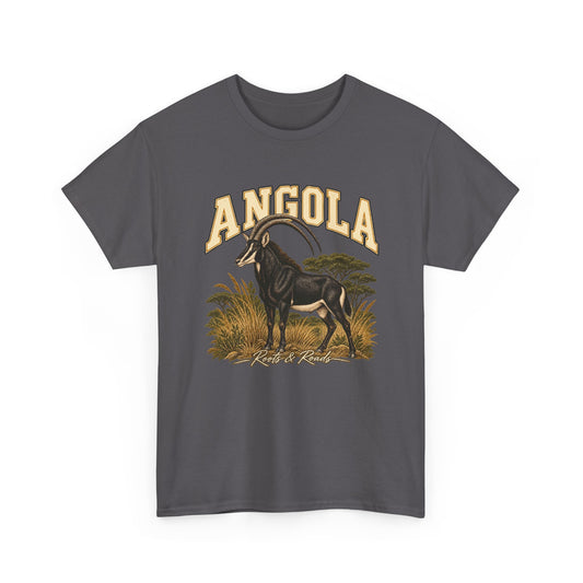 Front view of a Charcoal Gildan 5000 T-shirt with cream ANGOLA lettering, a giant sable antelope, golden grasses, green trees, and Roots & Roads script.