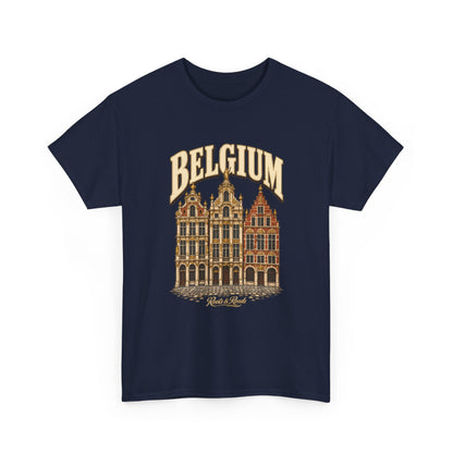 Front view of a Navy Gildan 5000 T-shirt with cream BELGIUM lettering above ornate warm stone and brick guild-house façades, cobblestones and Roots & Roads script.