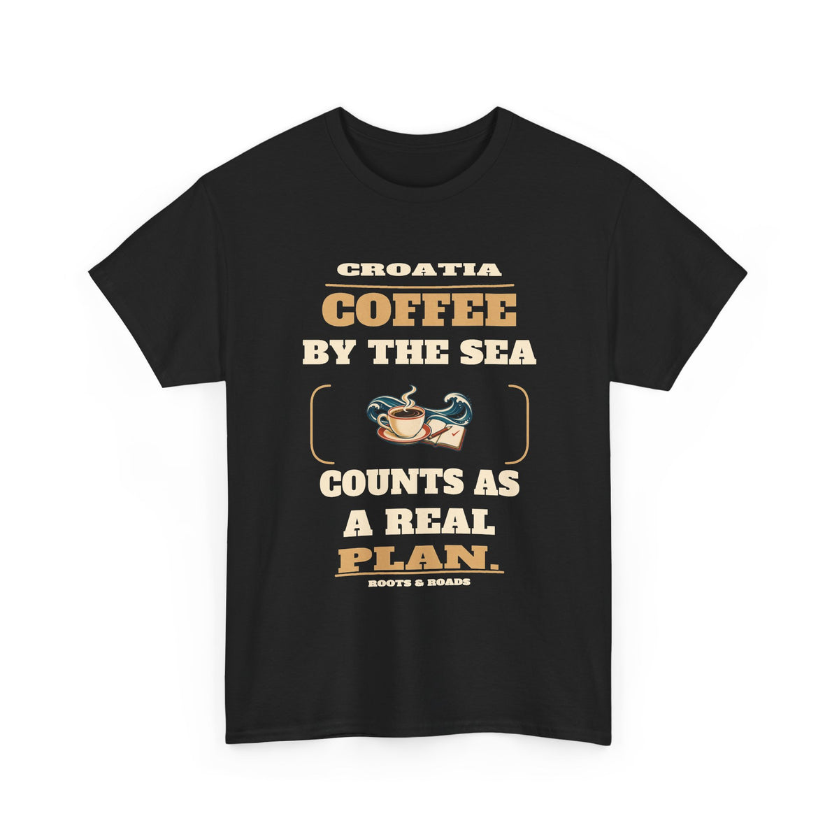 Croatia Coffee by the Sea T-Shirt in Black — Coffee by the sea counts as a real plan.