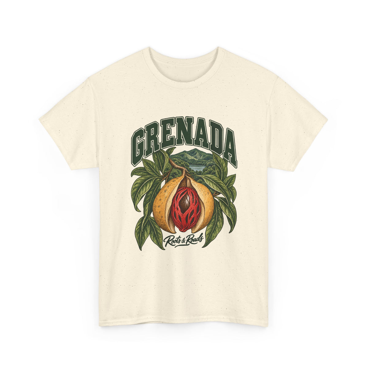 Front view of a Natural Gildan 5000 T-shirt with dark-green GRENADA lettering, opened nutmeg fruit, red mace, leaves and a mountain lake, and Roots & Roads script.
