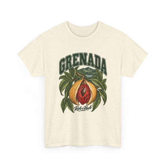 Front view of a Natural Gildan 5000 T-shirt with dark-green GRENADA lettering, opened nutmeg fruit, red mace, leaves and a mountain lake, and Roots & Roads script.