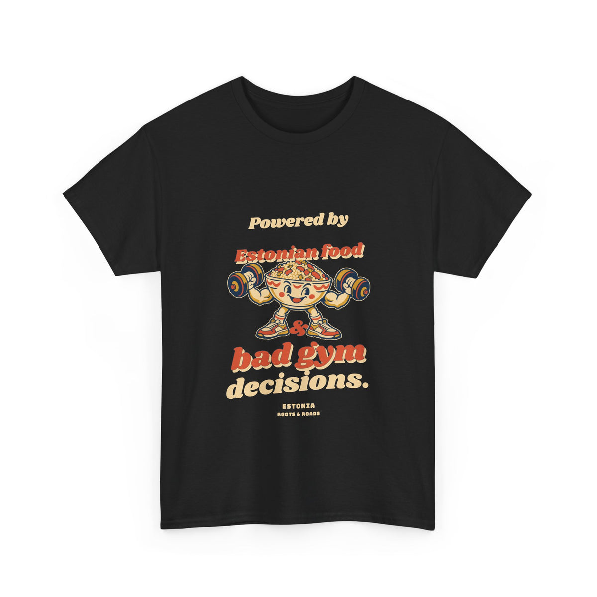 Estonia Bad Gym Decisions T-Shirt in Black — front view with rounded vintage lettering and playful food-lifter artwork.