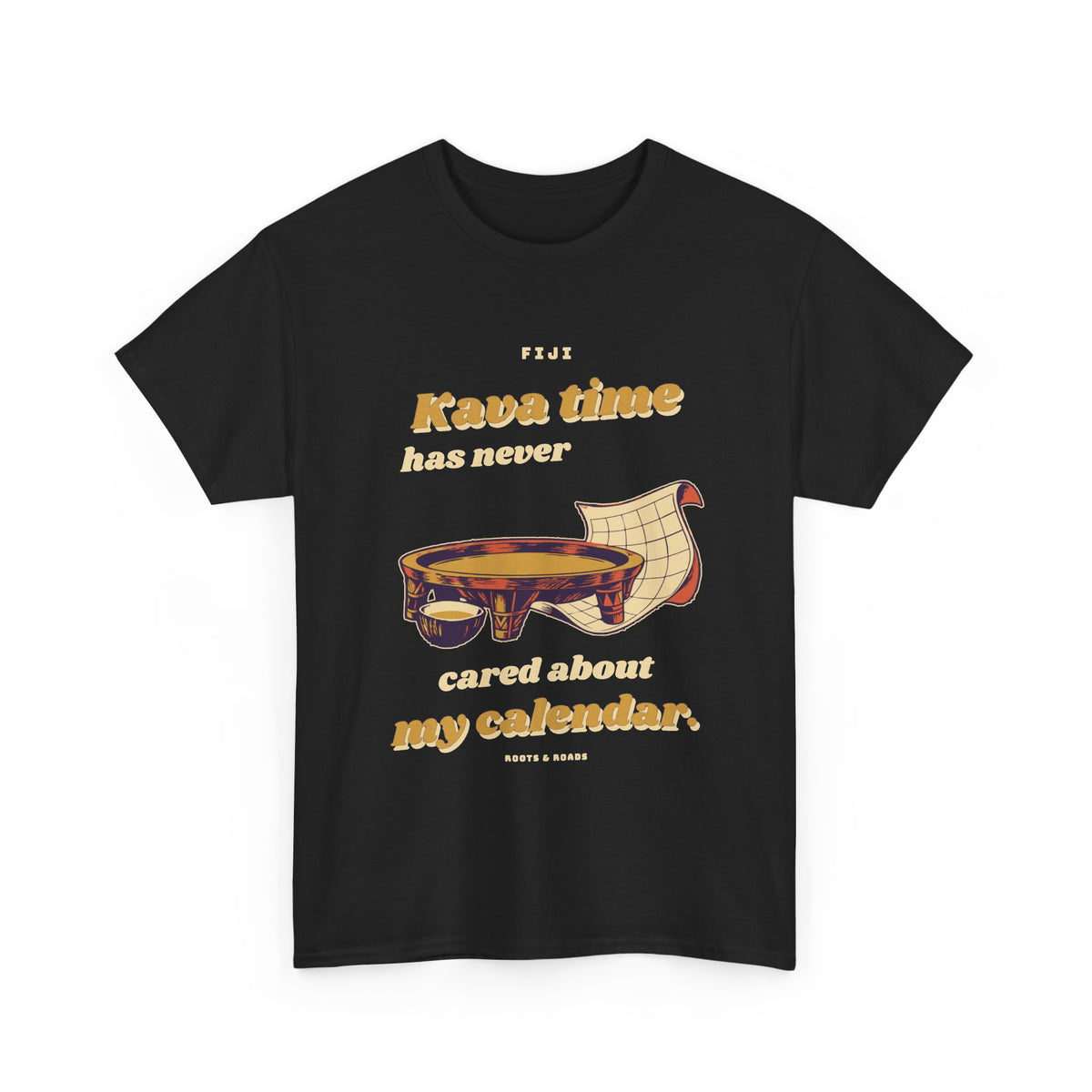 Fiji Kava Calendar T-Shirt in Black — front retro kava-time lettering with a tanoa bowl and curling calendar illustration.