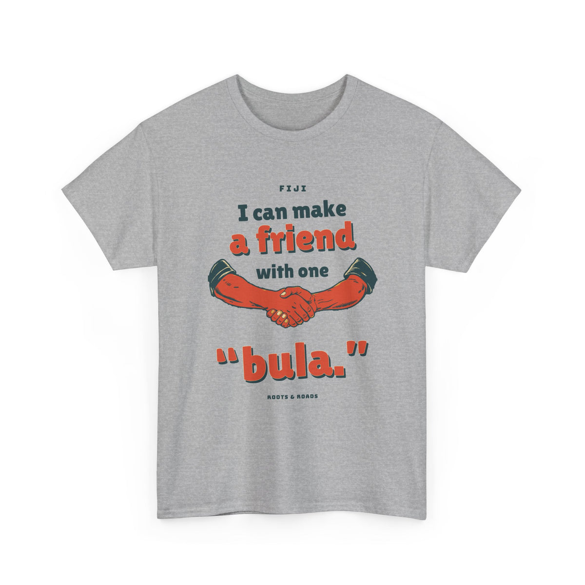 Fiji One Bula T-Shirt in Sport Grey — front rounded vintage greeting lettering and a substantial handshake illustration.