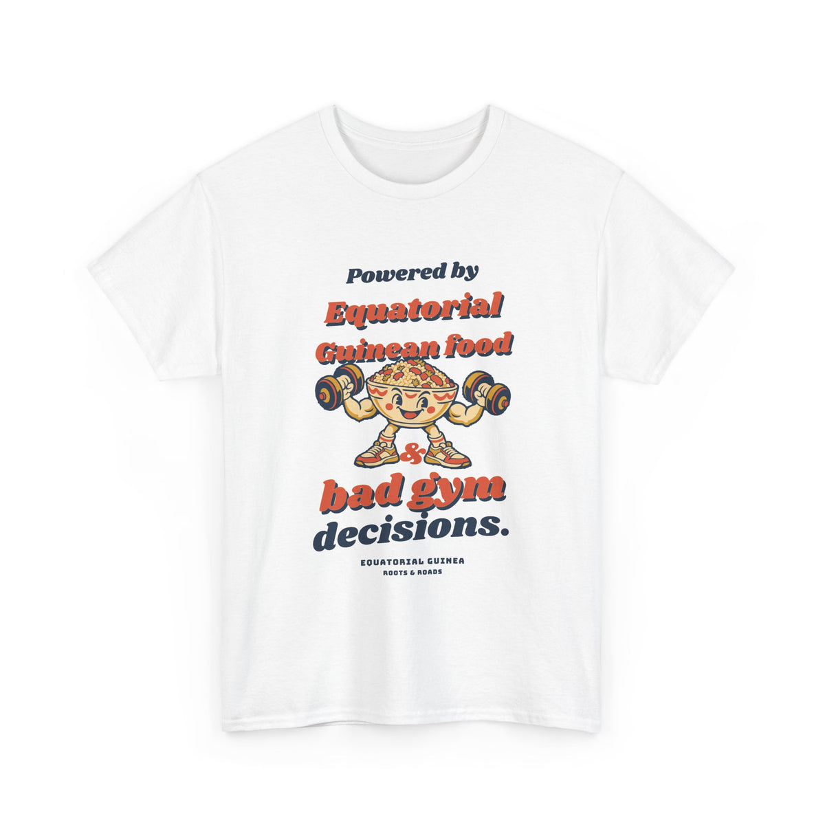 Equatorial Guinea Bad Gym Decisions T-Shirt — White — front retro food-lifter artwork by Roots & Roads